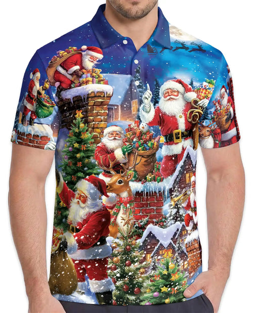 Santa Claus Christmas Village 3D Polo Shirt for Men – Festive Holiday Style | Netecom