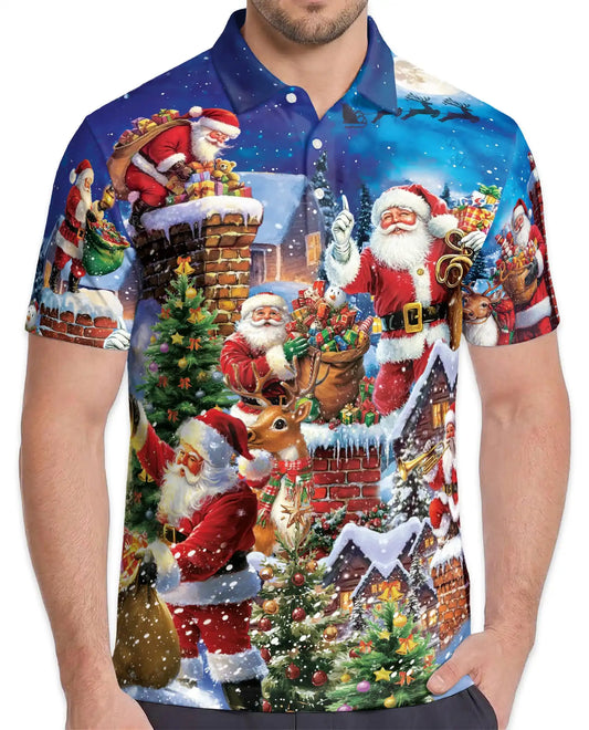 Santa Claus Christmas Village 3D Polo Shirt for Men – Festive Holiday Style | Netecom