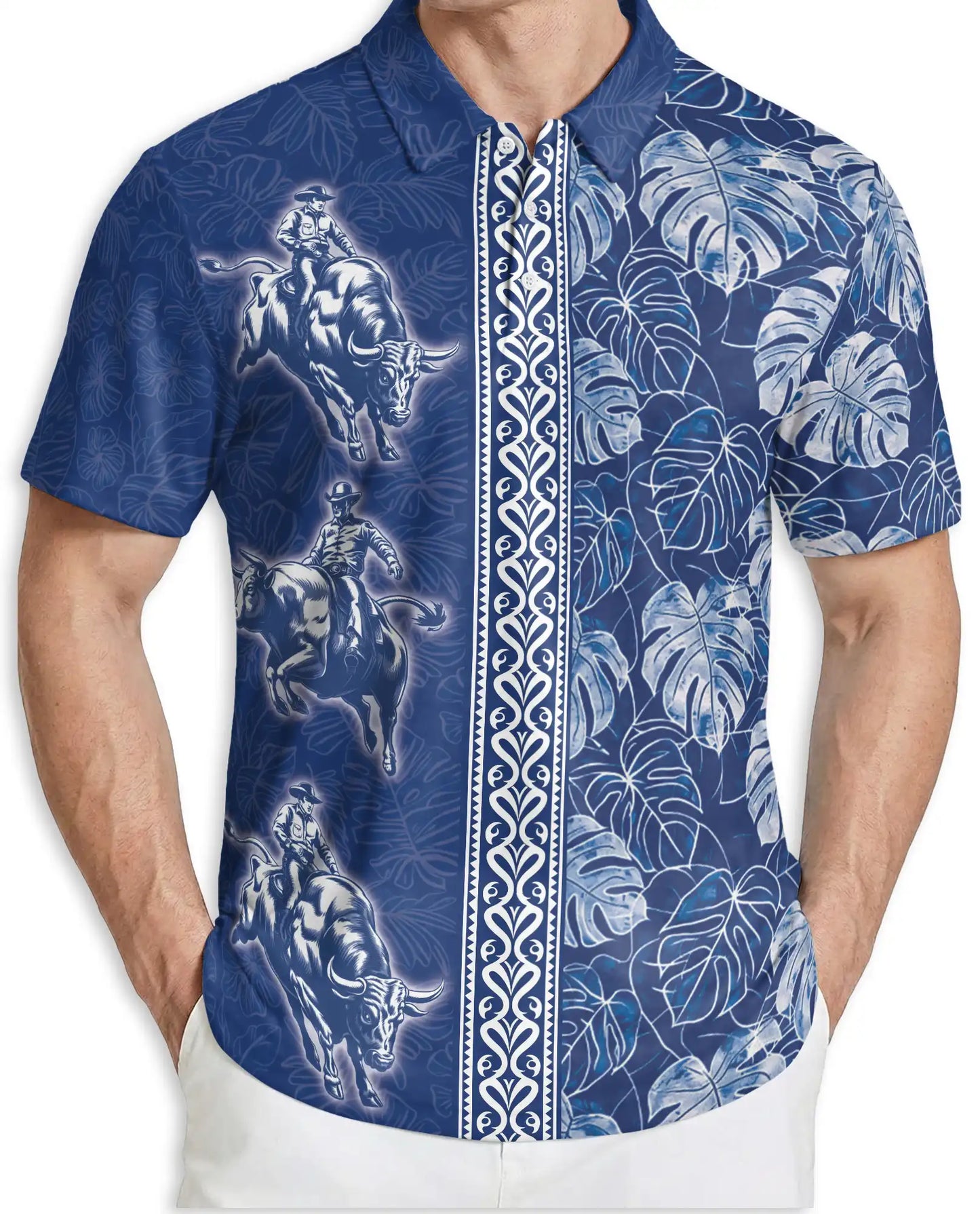 Blue Rodeo Cowboy Hawaiian Polo Shirt | Western Bull Rider Shirt | Netecom