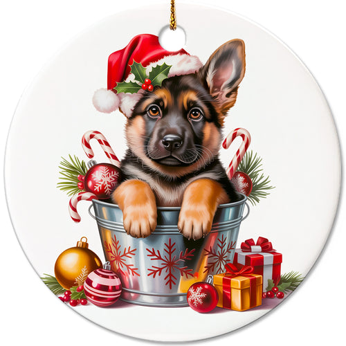 Netecom Funny German Shepherd in Bucket Ornament, Shepherd Dog with Santa Hat Ceramic Ornament for Christmas Tree Hanging Decorations Gift, Puppy Lover Gifts, Home Decor, Holiday Party Present