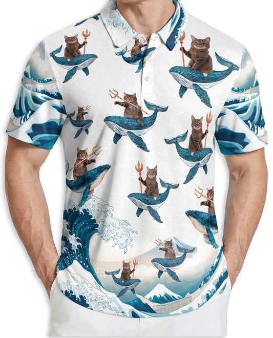Funny Cat Riding Whale 3D Polo Shirt for Men – Ocean Fantasy Animal Style | Netecom