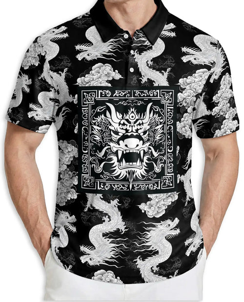 Black White Dragon 3D Polo Shirt for Men – Oriental Mythical Art Style | Netecom