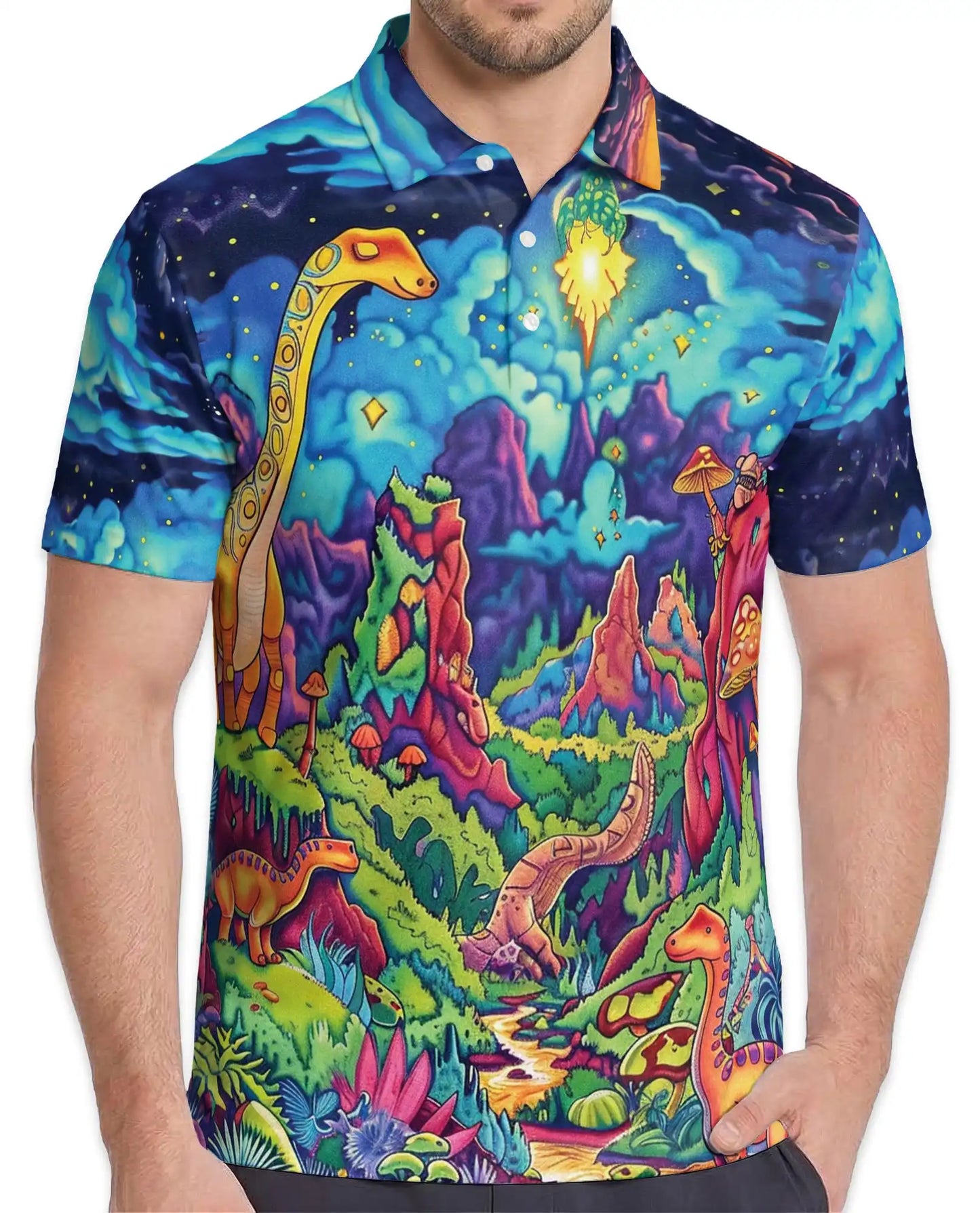 Dinosaur Fantasy Polo Shirt – Colorful Cosmic Art | Netecom
