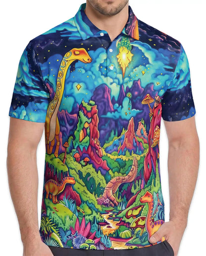 Dinosaur Fantasy Polo Shirt – Colorful Cosmic Art | Netecom