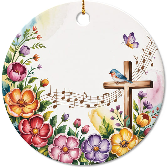 Netecom Vintage Floral Cross Christmas Ornament, Spring Flowers Ceramic Christian Ornament for Xmas Tree Hanging Decorations Gift, Religious Gifts for Women Men, Holiday Party Present
