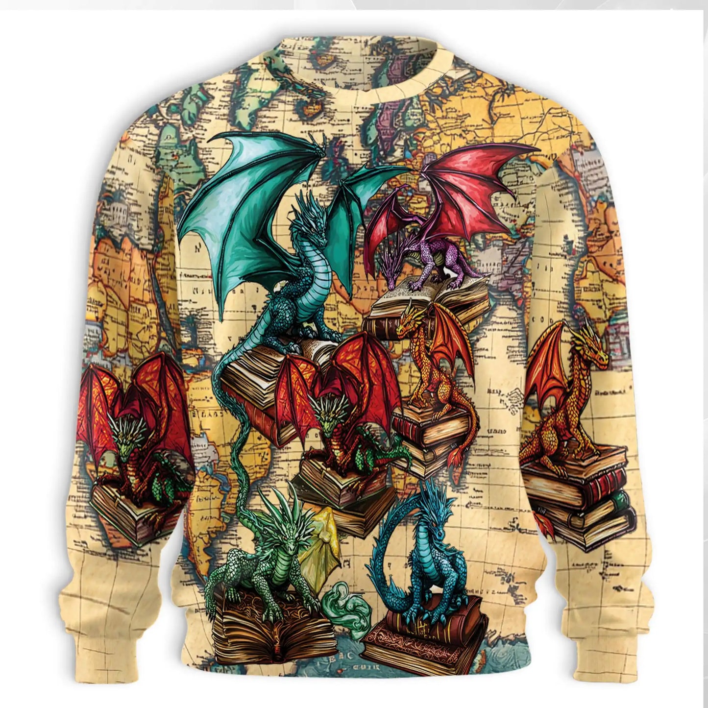Book Dragon Sweatshirt, 3D All Over Print Fantasy Reading Crewneck Pullover for Men Women, Book Lover Dragon Gift - Netecom
