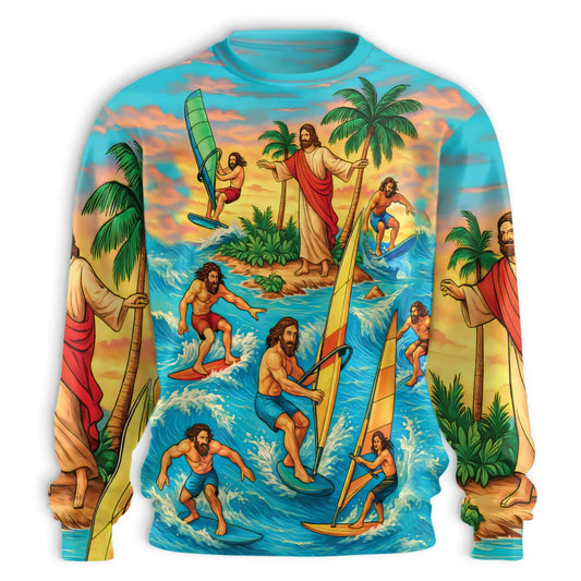 Jesus Surfing Tropical Sweatshirt, 3D All Over Print Faith Beach Crewneck Pullover for Men Women, Christian Surf Lover Gift - Netecom