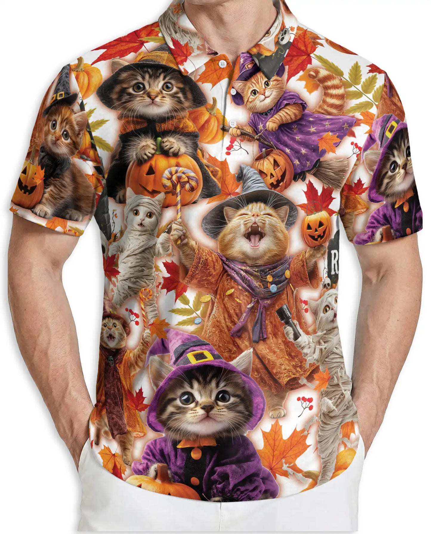 Halloween Kittens Polo Shirt for Men – Cute Cat Costume Print | Netecom