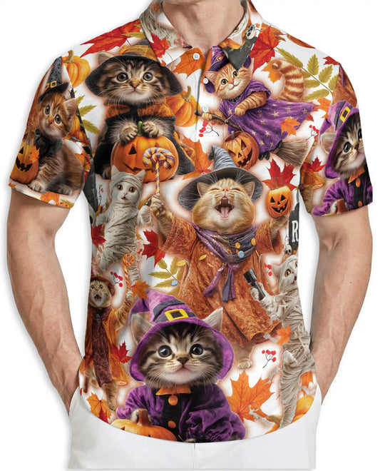 Halloween Kittens Polo Shirt for Men – Cute Cat Costume Print | Netecom