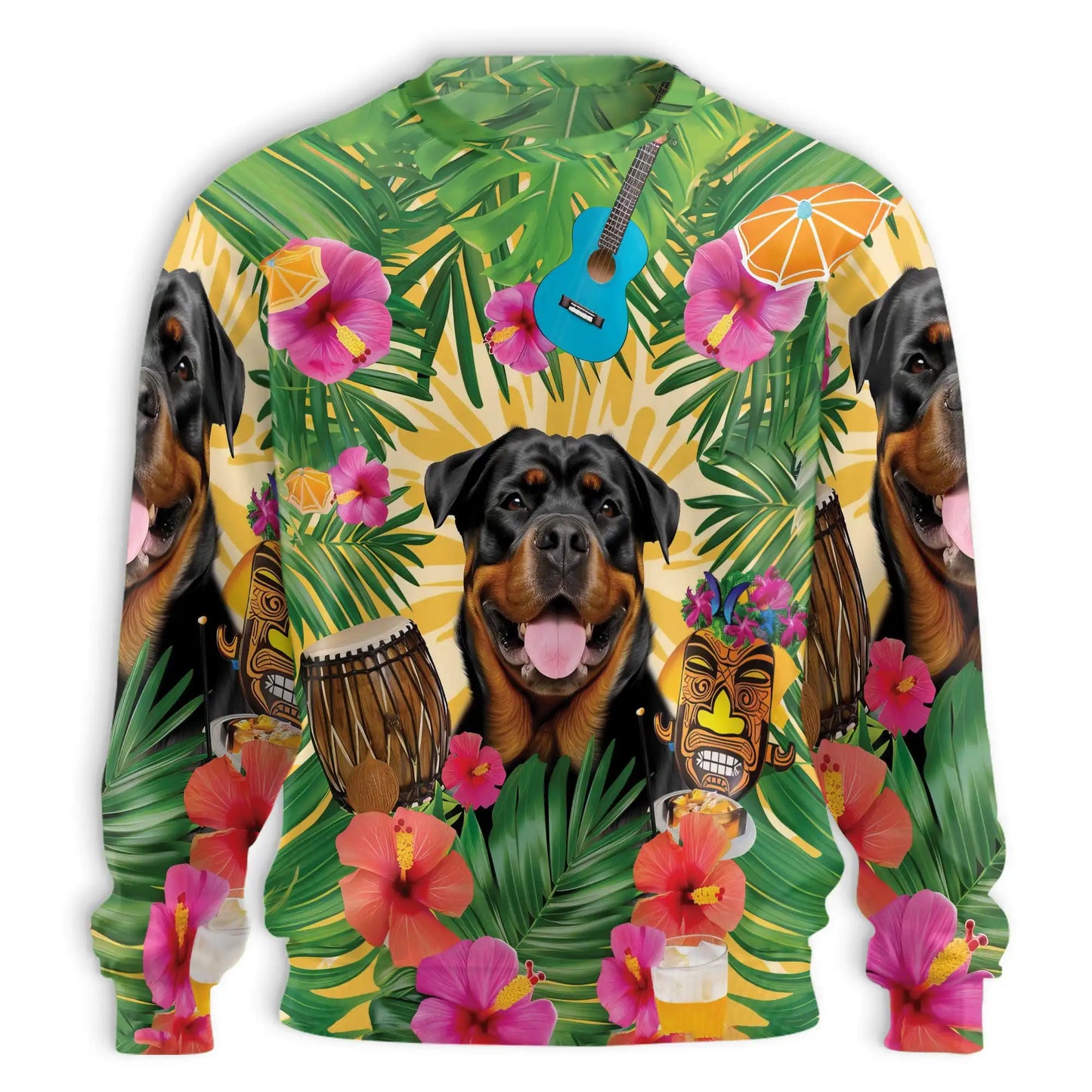 Rottweiler Summer Party Sweatshirt, 3D All Over Print Tropical Dog Crewneck Pullover for Men Women, Rottweiler Lover Gift - Netecom