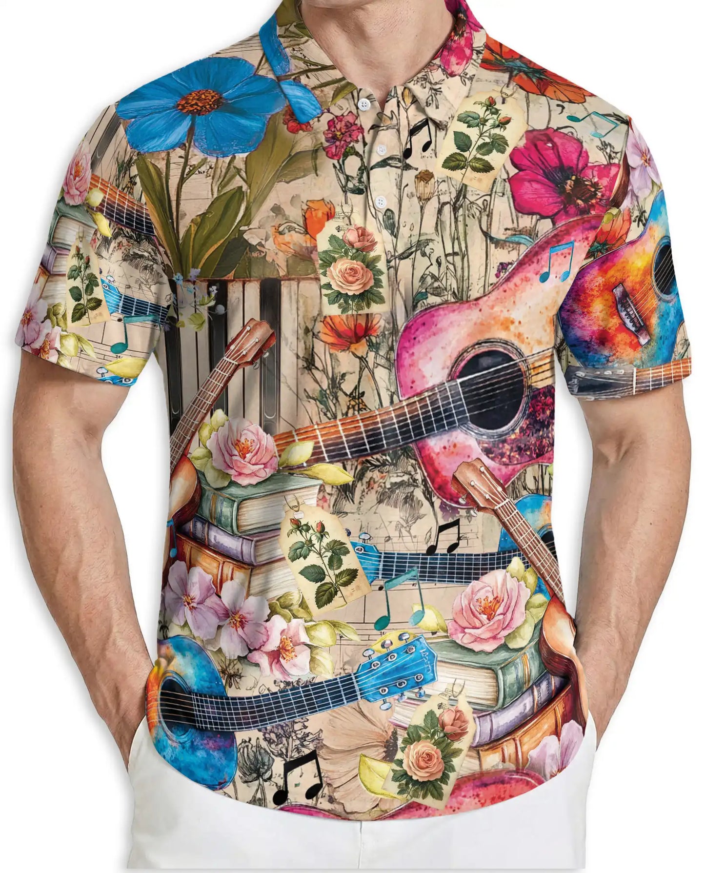 Acoustic Guitar Polo Shirt – Floral Music Art Print | Netecom