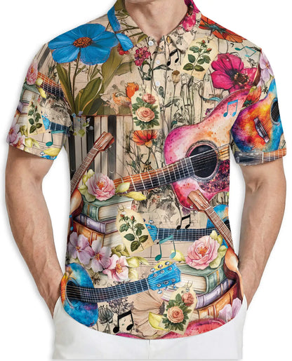 Acoustic Guitar Polo Shirt – Floral Music Art Print | Netecom