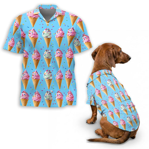 Netecom Matching Ice Cream Aloha Hawaiian Shirt for Dog and Owner, Colorful Dessert Theme Summer Button Down Shirt, Fun Beach Vacation Casual Wear for Pet and Human
