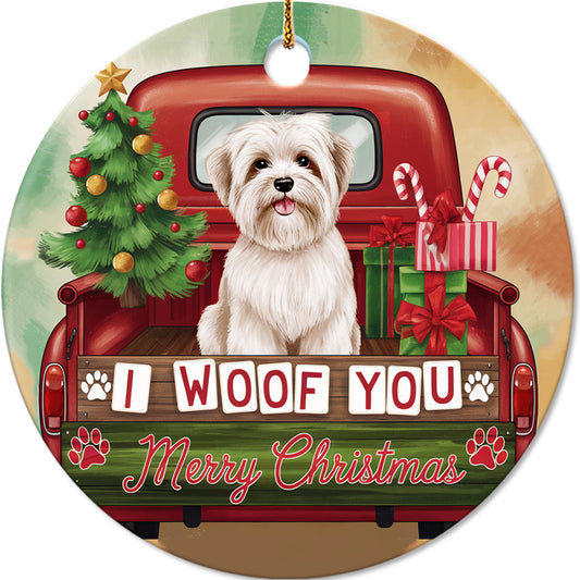 Netecom Cute Maltese Dog in Vintage Truck Ornament, I Woof You Merry Christmas Ceramic Ornament for Christmas Tree Hanging Decorations Gift, Pet Lover Gifts, Holiday Party Present