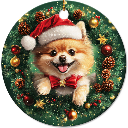 Netecom Cute Pomeranian Christmas Ornament, Dog Santa Hat Ceramic Ornament for Xmas Tree Hanging Decorations Gift, Puppy Lover Gifts, Home Decor, Holiday Party Present