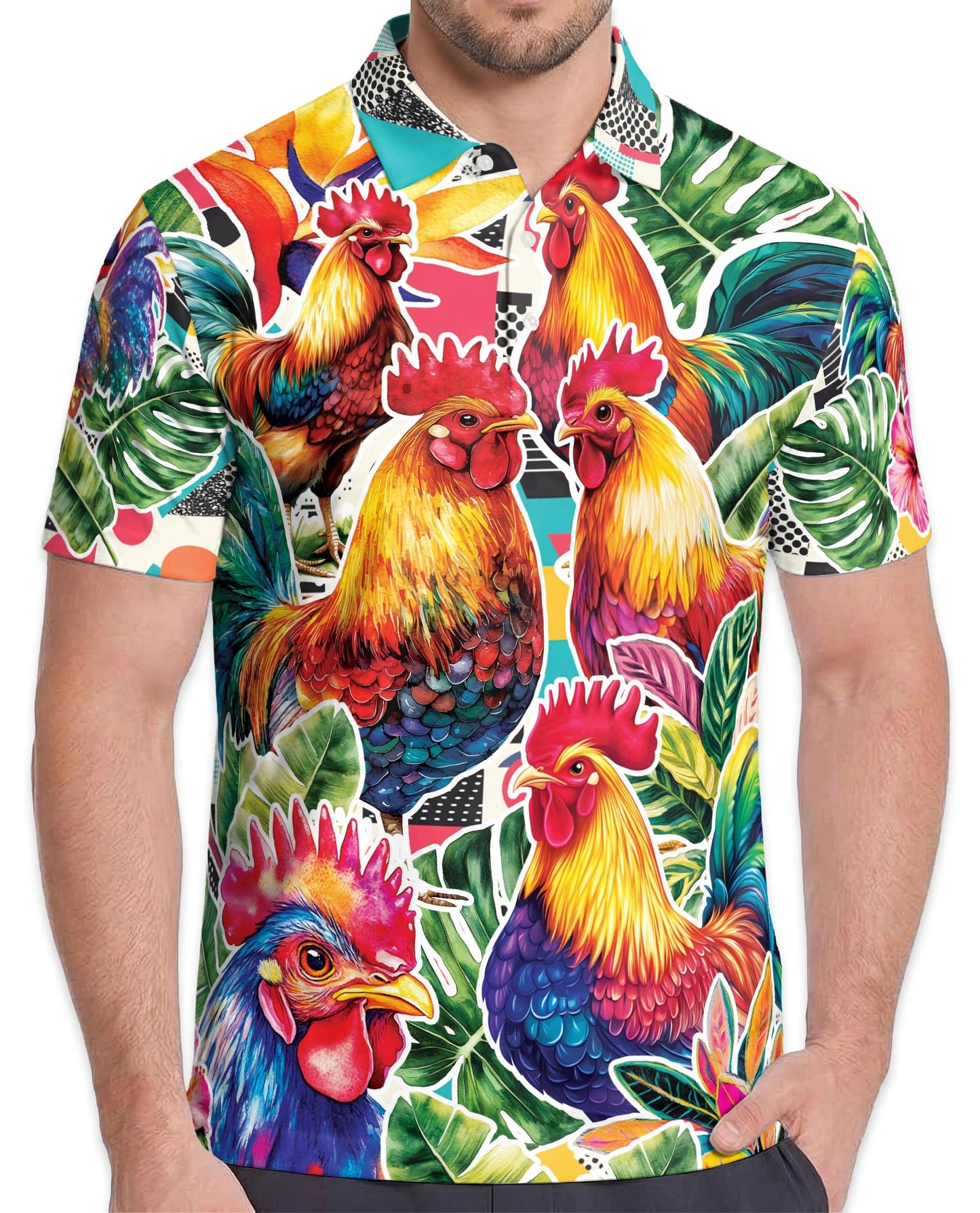 Tropical Rooster Polo Shirt for Men – Colorful Farm Animal Style | Netecom