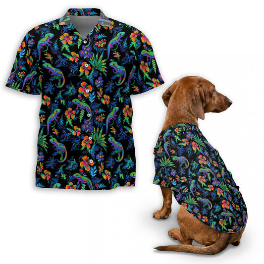 Netecom Matching Colorful Gecko Hawaiian Shirt for Dog and Owner, Aloha Summer Shirt, Gecko Pattern Print Outfit for Pet and Human, Beach Vacation Casual Wear