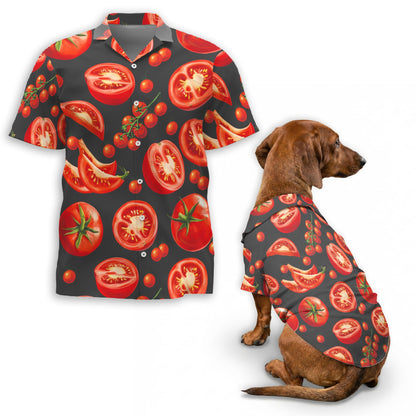 Netecom Matching Tomato Print Hawaiian Shirt for Dog and Owner, Aloha Summer Shirt, Tomato Pattern Button Down Outfit for Pet and Human, Beach Vacation Casual Wear