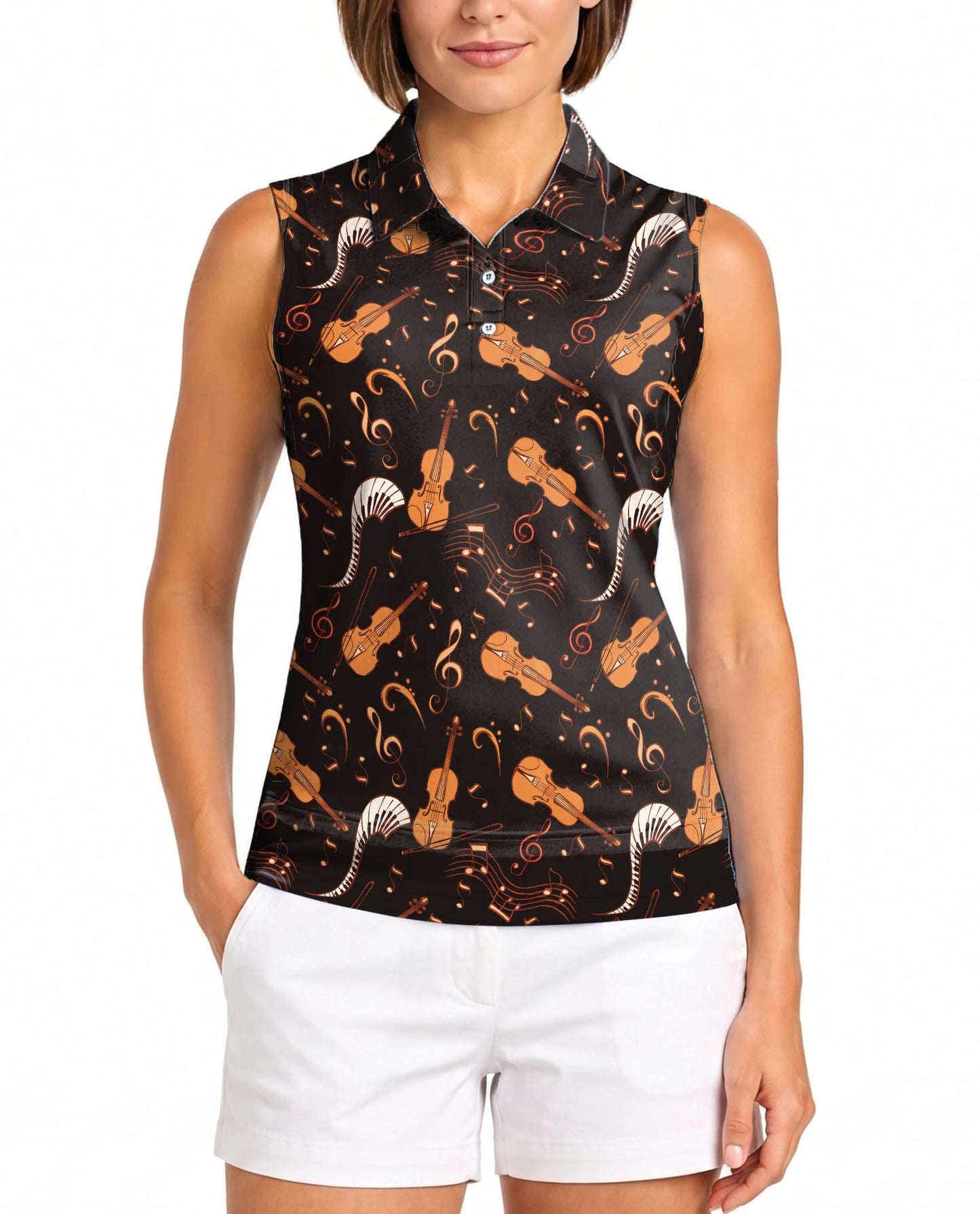 Violin Pattern Sleeveless Polo Shirt for Women | Netecom