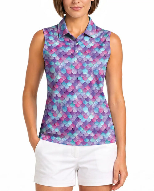 Colorful Fish Scale Pattern Sleeveless Polo Shirt for Women | Netecom