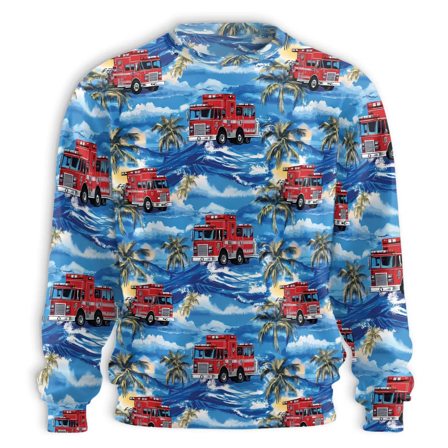 Firefighter Truck Blue Palm Tree Sweatshirt, 3D All Over Print Rescue Vehicle Tropical Crewneck Pullover for Men Women, Firefighter Gift - Netecom