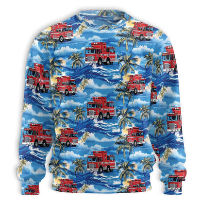 Firefighter Truck Blue Palm Tree Sweatshirt, 3D All Over Print Rescue Vehicle Tropical Crewneck Pullover for Men Women, Firefighter Gift - Netecom