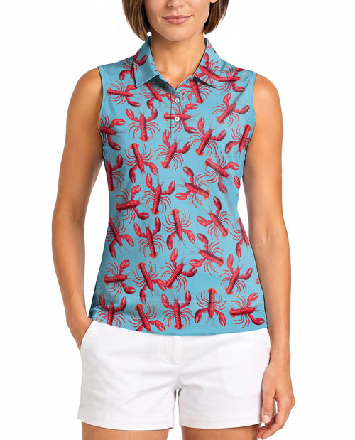 Lobster Red Pattern Sleeveless Polo Shirt for Women | Netecom