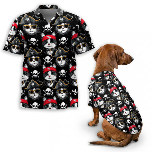 Netecom Matching Pirate Cat Hawaiian Shirt for Dog and Owner, Aloha Summer Shirt, Pirate Cat Print Outfit for Pet and Human, Beach Vacation Casual Wear