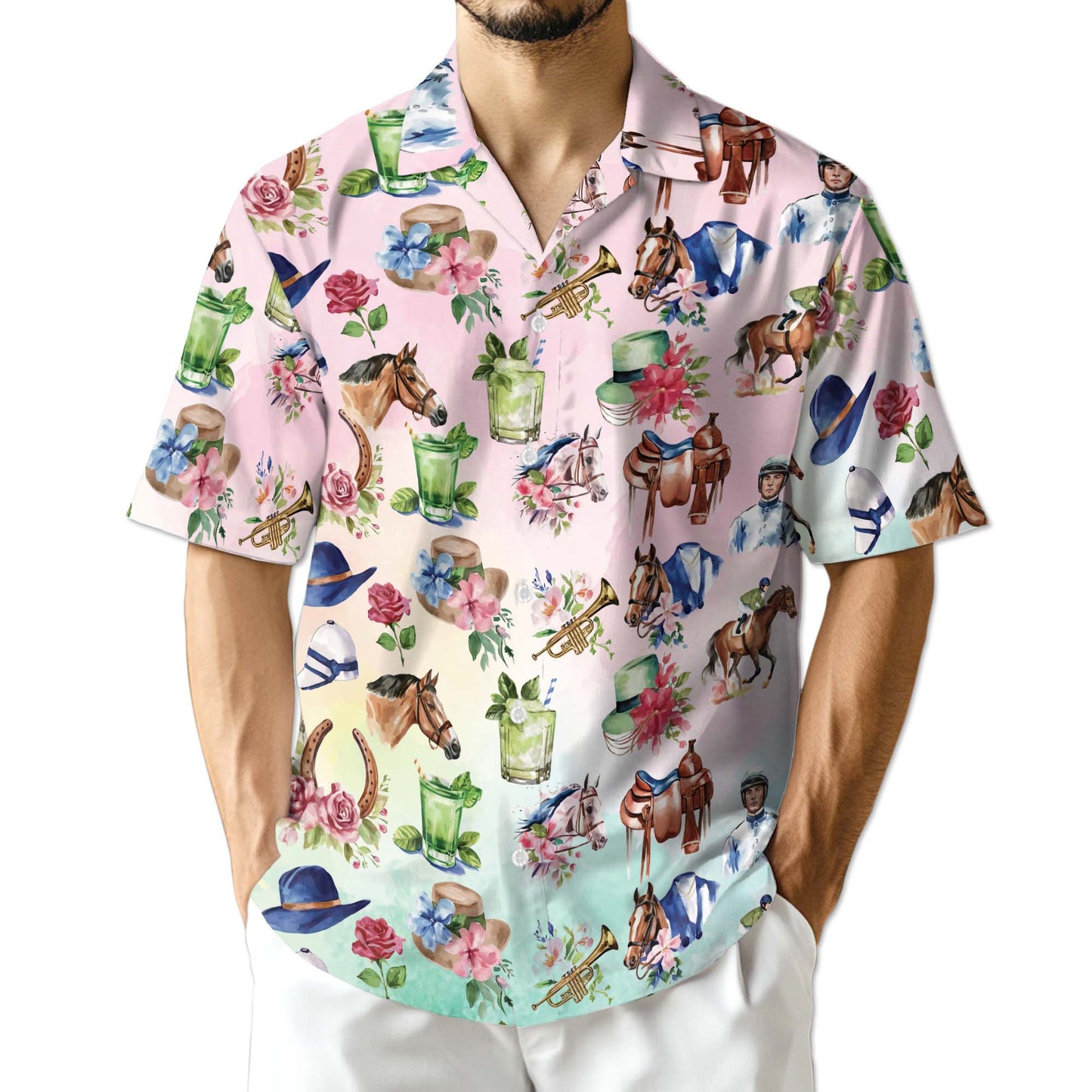 Watercolor Horse Racing Pattern Hawaiian Shirt, Horse Rider Button Down Shirts