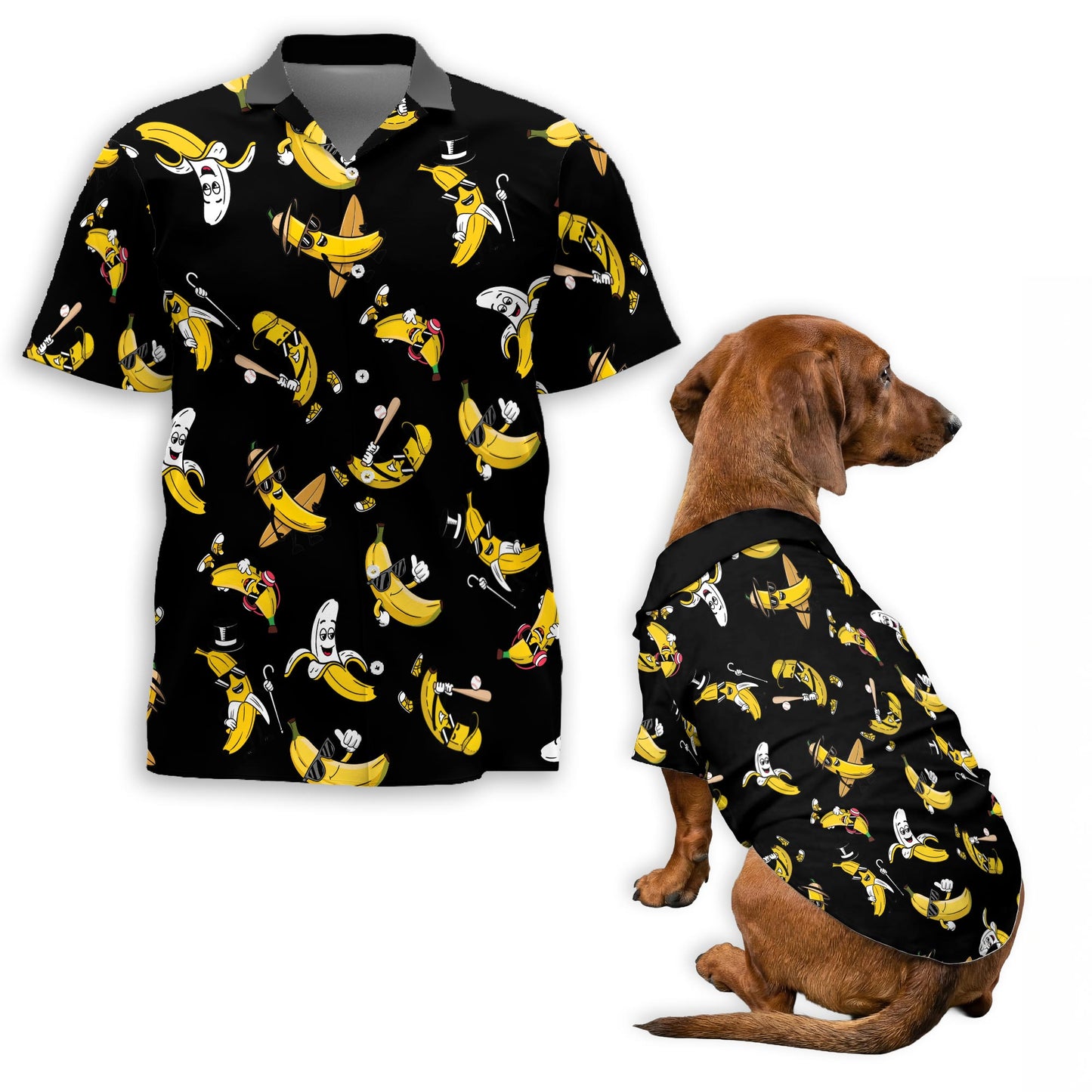 Netecom Matching Banana Pattern Hawaiian Shirt for Dog and Owner, Aloha Summer Shirt, Banana Print Outfit for Pet and Human, Beach Vacation Casual Wear