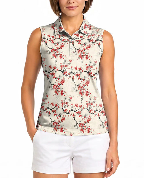 Sumi-e Cherry Blossom Branches Sleeveless Polo Shirt for Women | Netecom