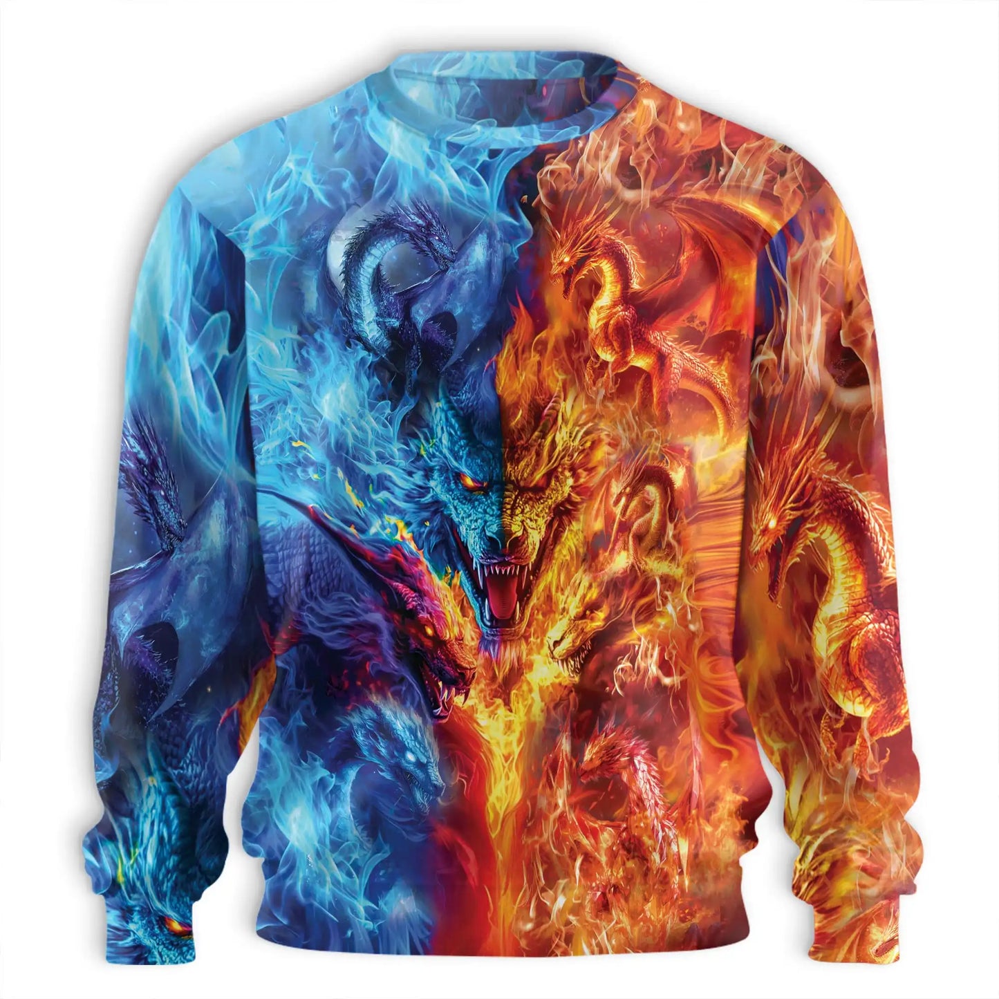 Ice and Fire Dragon Sweatshirt, 3D All Over Print Fantasy Dragon Crewneck Pullover for Men Women, Dragon Lover Gift - Netecom