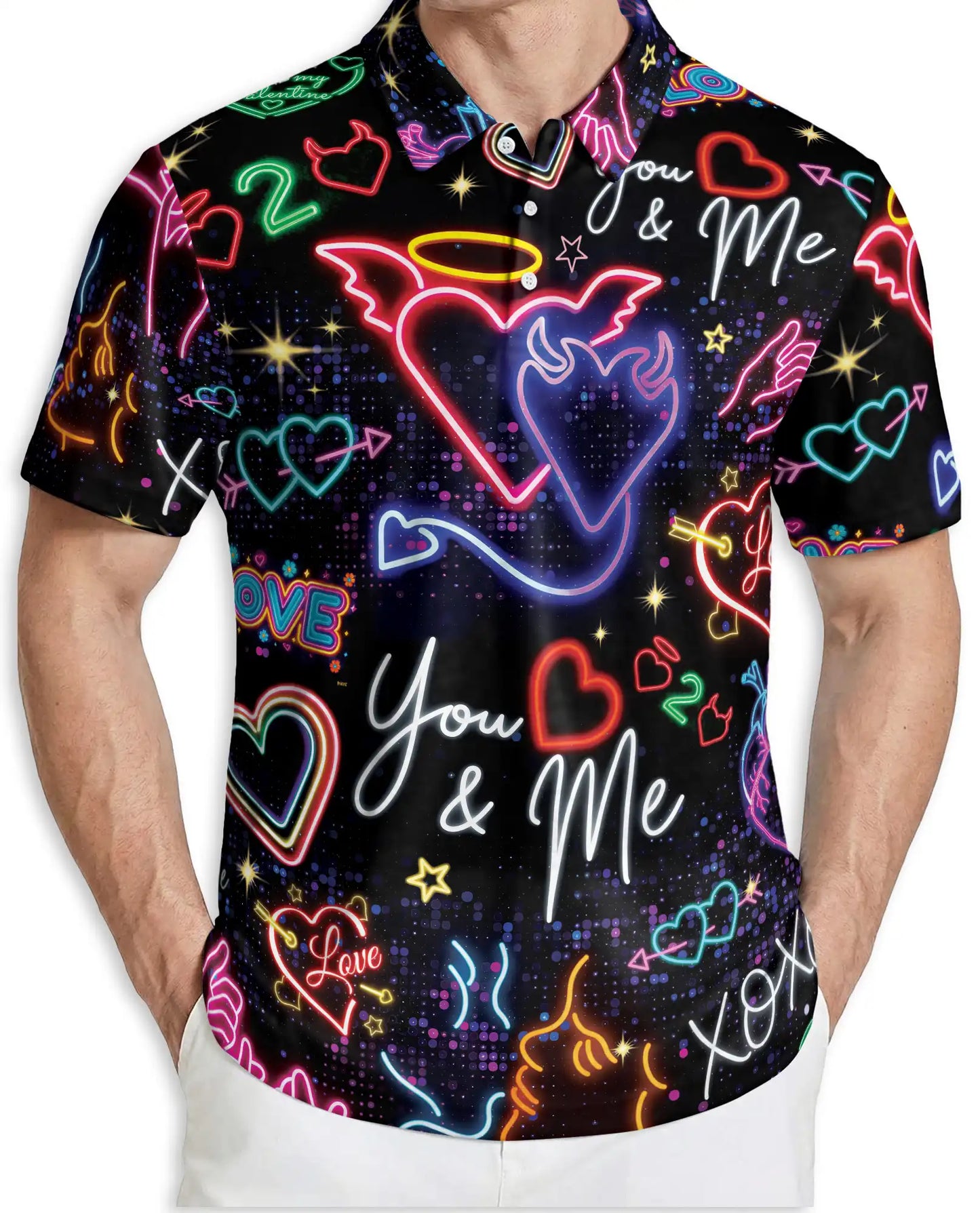 Neon Valentine Polo Shirt – Retro Love Heart Glow Print | Netecom