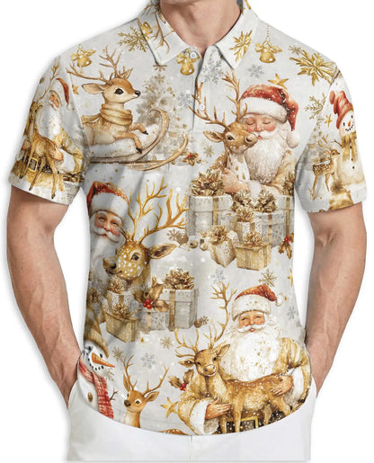 Elegant Santa Reindeer 3D Polo Shirt for Men – Luxury Christmas Holiday Style | Netecom
