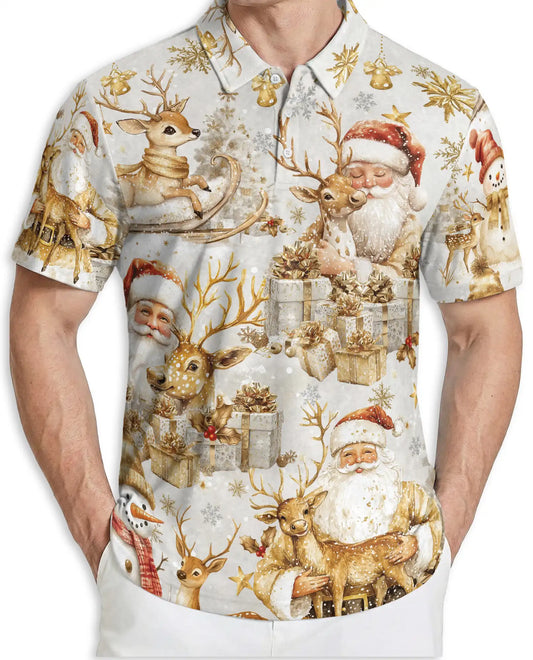 Elegant Santa Reindeer 3D Polo Shirt for Men – Luxury Christmas Holiday Style | Netecom