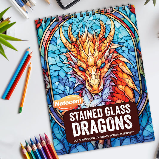 Stained Glass Dragons Spiral Bound Coloring Book, Majestic Dragons in Stained Glass Art, Great for Those Seeking a Unique and Colorful Challenge