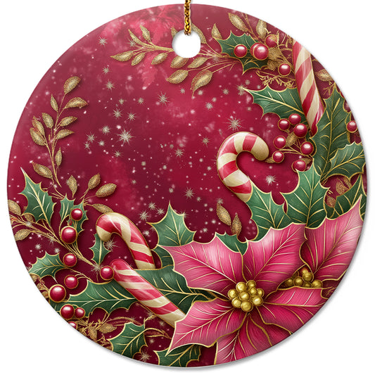 Netecom Pink Poinsettia and Holly Berries Leaves Christmas Ornament, Ceramic Candy Cane Keepsake Ornament for Xmas Tree Decorations, Gifts for Holiday, Party, Home Decor
