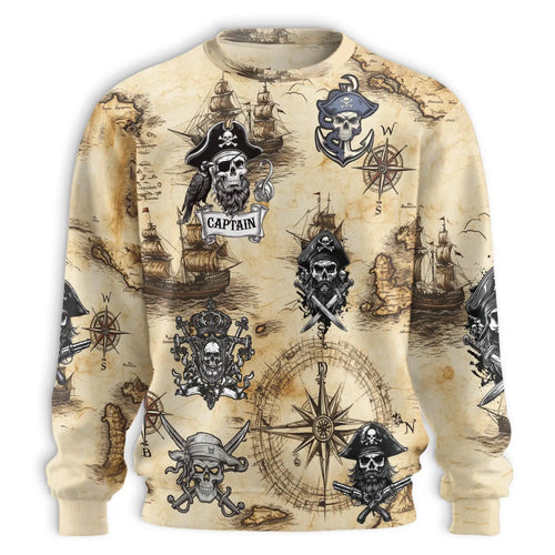 Vintage Pirate Skull Sweatshirt, 3D All Over Print Retro Pirate Crewneck Pullover for Men Women, Pirate Skull Lover Gift - Netecom