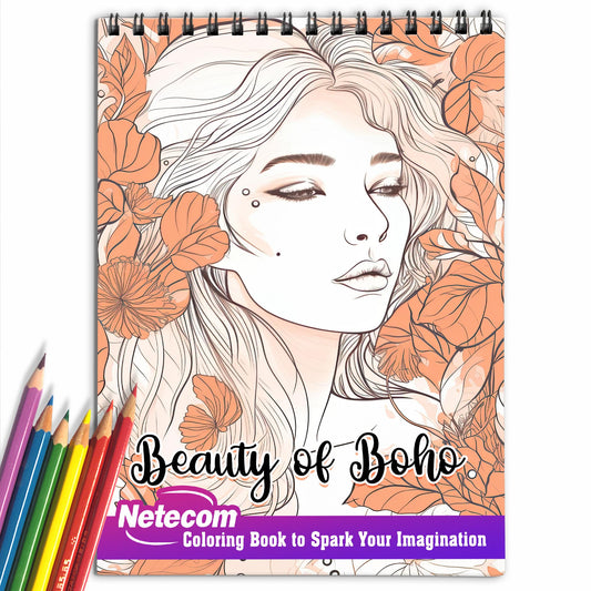 Beauty of Boho Spiral Bound Coloring Book, Amazing Coloring Collection of Bohomian Woman with High Quality Illustration for Adults to Relax and Unwind