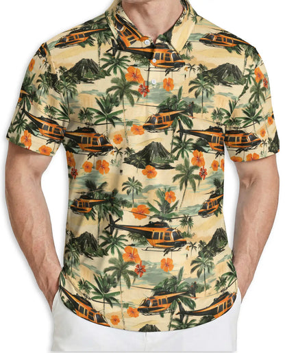 Tropical Helicopter Polo Shirt for Men- Print Palm Tree Volcano| Netecom