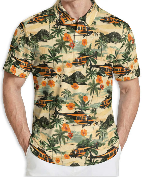 Tropical Helicopter Polo Shirt for Men- Print Palm Tree Volcano| Netecom