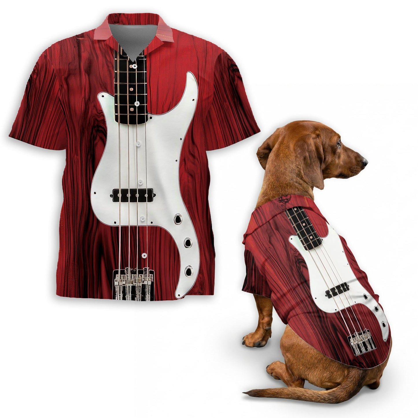 Netecom Matching Bass Guitar Hawaiian Shirt for Dog and Owner, Aloha Summer Shirt, Bass Guitar Print Button Down Outfit for Pet and Human, Beach Vacation Casual Wear