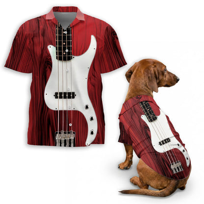 Netecom Matching Bass Guitar Hawaiian Shirt for Dog and Owner, Aloha Summer Shirt, Bass Guitar Print Button Down Outfit for Pet and Human, Beach Vacation Casual Wear