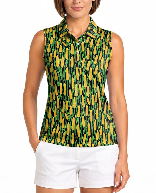 Agricultural Corn Cob Sleeveless Polo Shirt for Women | Netecom