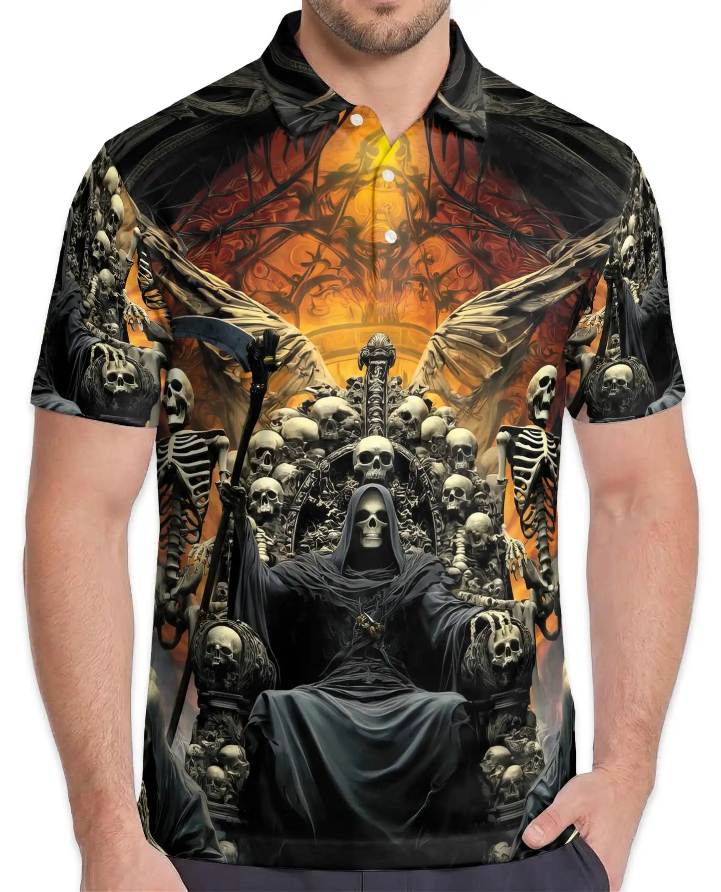 Grim Reaper Skull Polo Shirt for Men – Gothic Skeleton Throne | Netecom