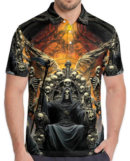 Grim Reaper Skull Polo Shirt for Men – Gothic Skeleton Throne | Netecom