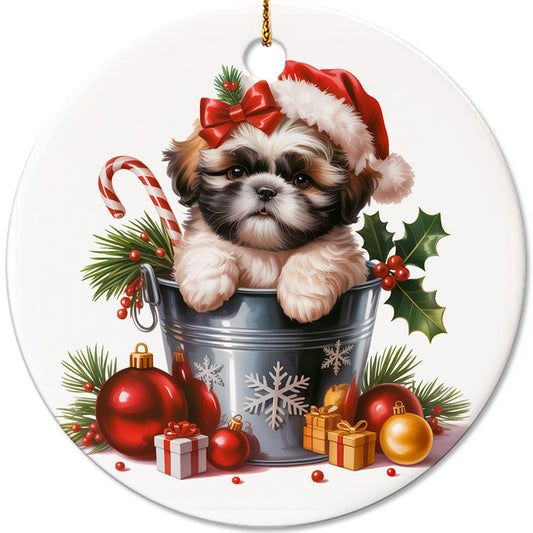 Netecom Cute Shih Tzu in Bucket Ornament, Dog with Santa Hat Ceramic Ornament for Christmas Tree Hanging Decorations Gift, Puppy Lover Gifts, Home Decor, Holiday Party Present