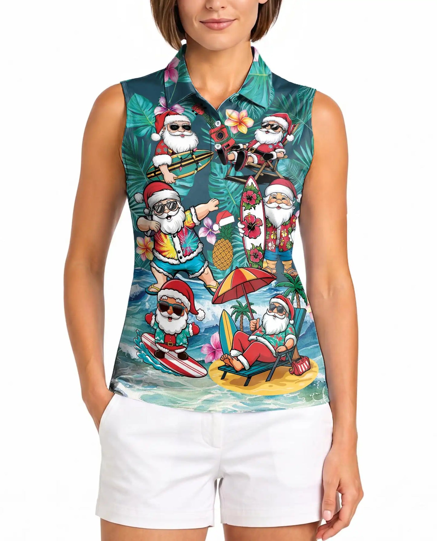 Surf's Up Santa Sleeveless Polo Shirt for Women – Christmas Beach Style | Netecom