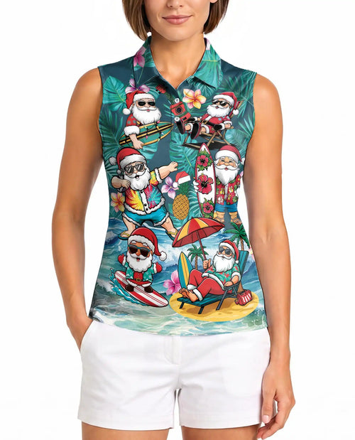 Surf's Up Santa Sleeveless Polo Shirt for Women – Christmas Beach Style | Netecom