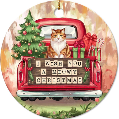 Netecom Cute Cat in Holiday Truck Ornament, I Wish You a Meowy Christmas Ceramic Ornament for Christmas Tree Hanging Decorations Gift, Kitten Lover Gifts, Holiday Party Present